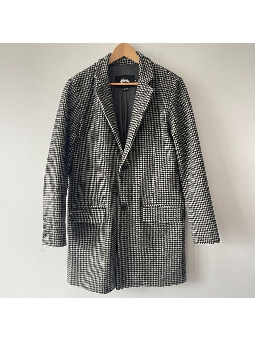 Stussy Coat Wool Houndstooth Chesterfield Gore-Tex WINDSTOPPER® Wool Topcoat Med